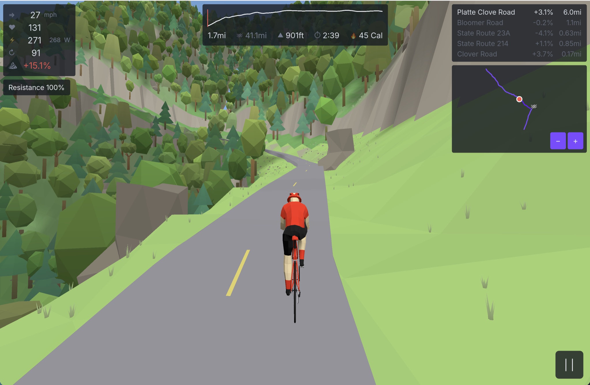 A red-jersey rider on a wooded section of Platte Clove Road rendered in Vive Velo, with a steep hillside and rock faces beside the road.