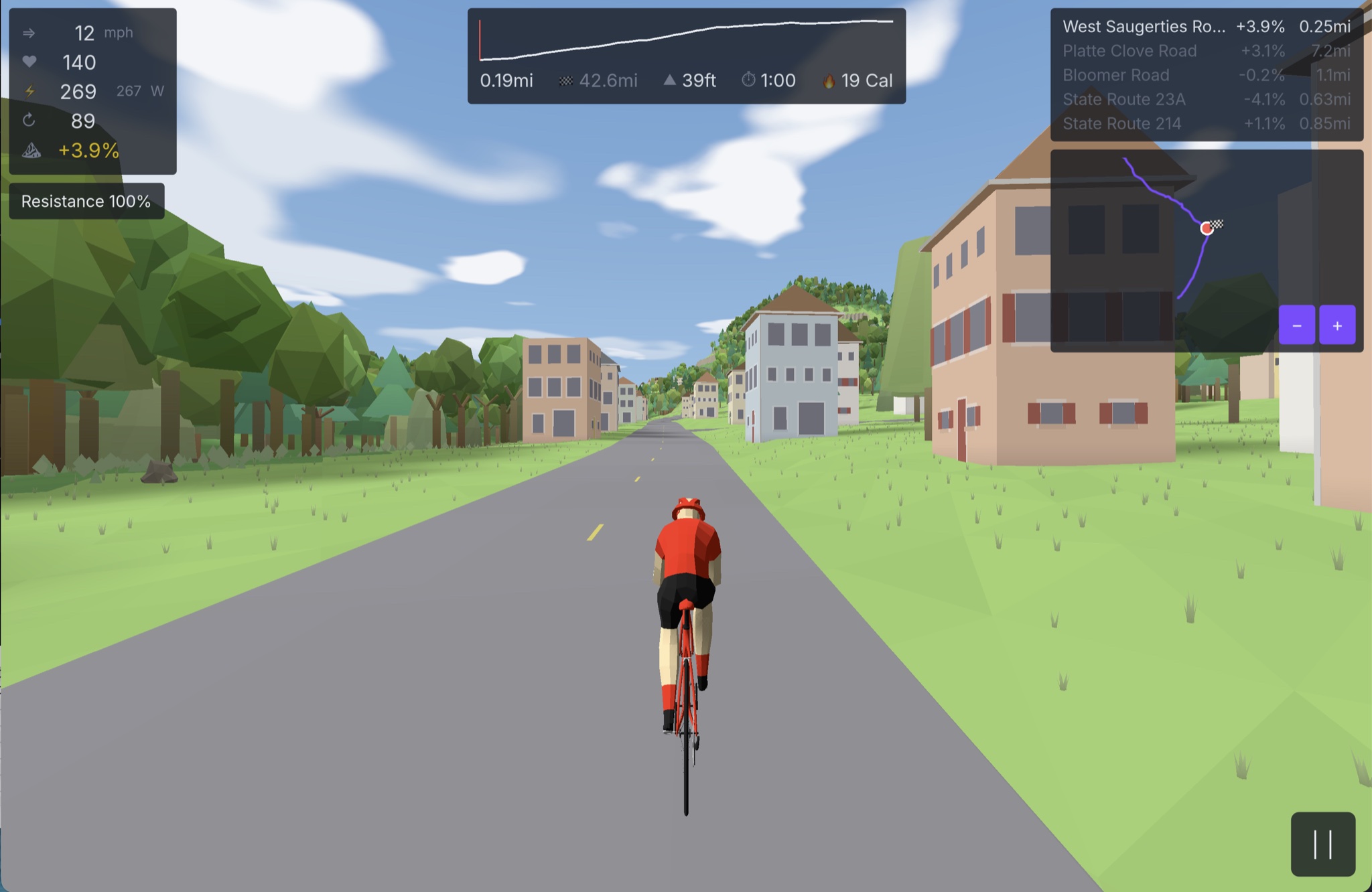 A red-jersey rider on the West Saugerties approach in Vive Velo, with buildings beside the road and a route map in the upper right.