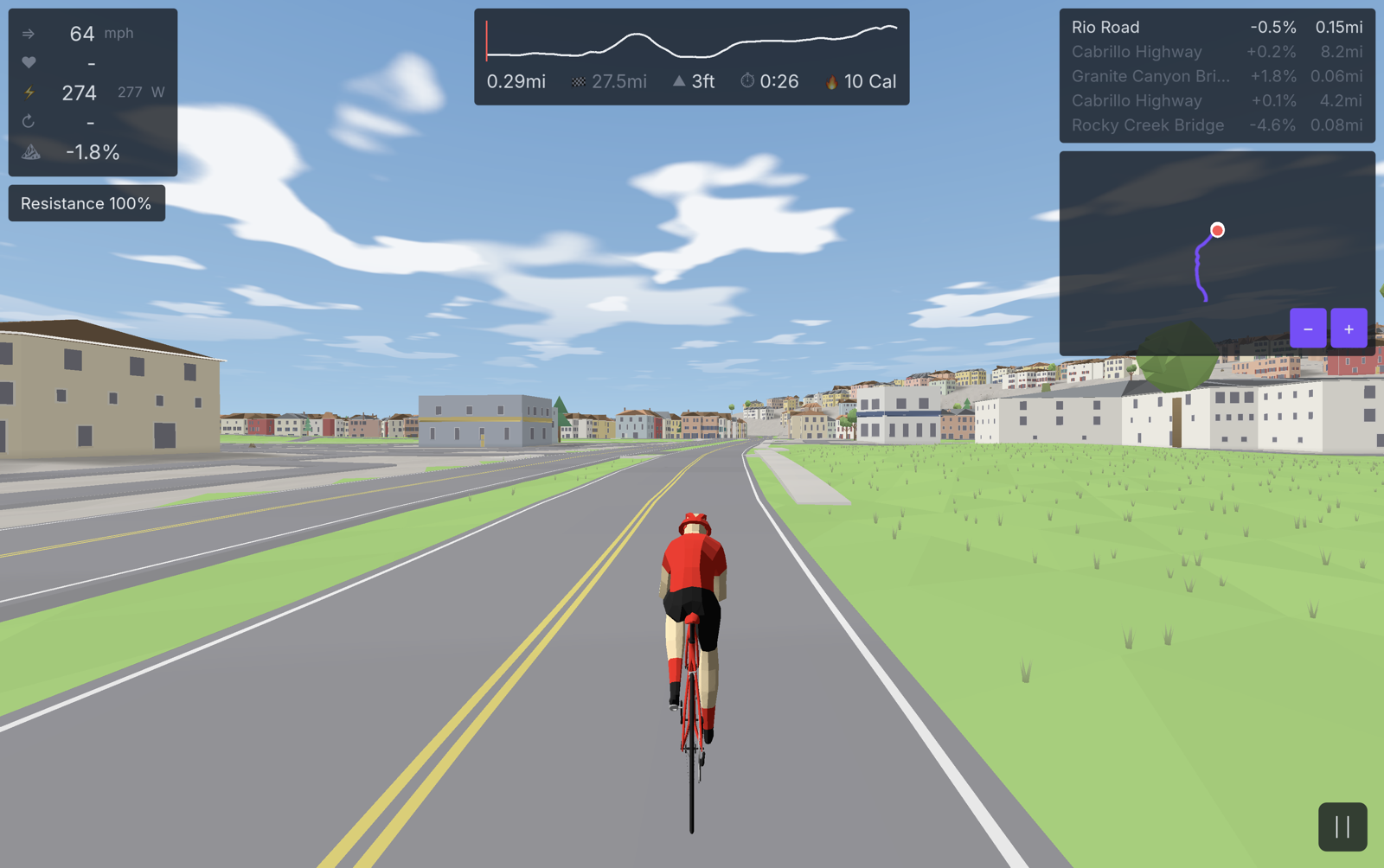 Riding a real road in Vive Velo — live speed, heart rate, power, cadence and grade on the HUD, with the route map and elevation profile alongside.