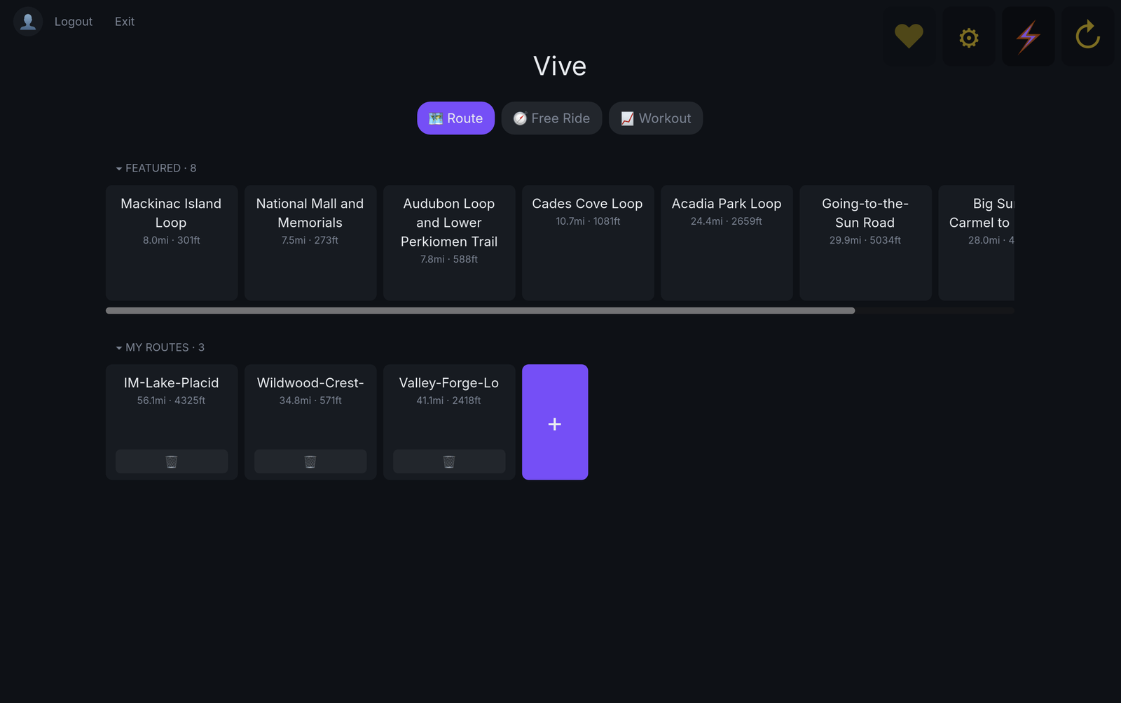 The Vive Velo route library — featured rides alongside your own uploaded routes, with a button to add another.