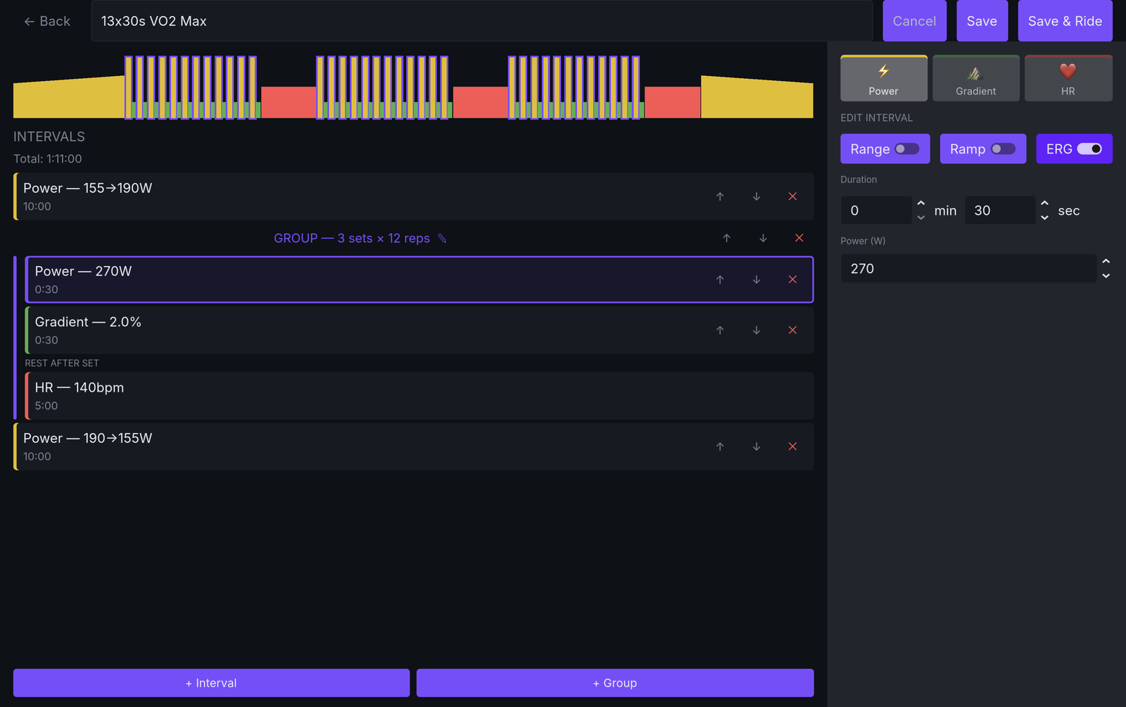The Vive Velo workout builder — a VO2 max session with a sets-and-reps interval group, power, gradient and heart-rate blocks, and the workout graph up top.