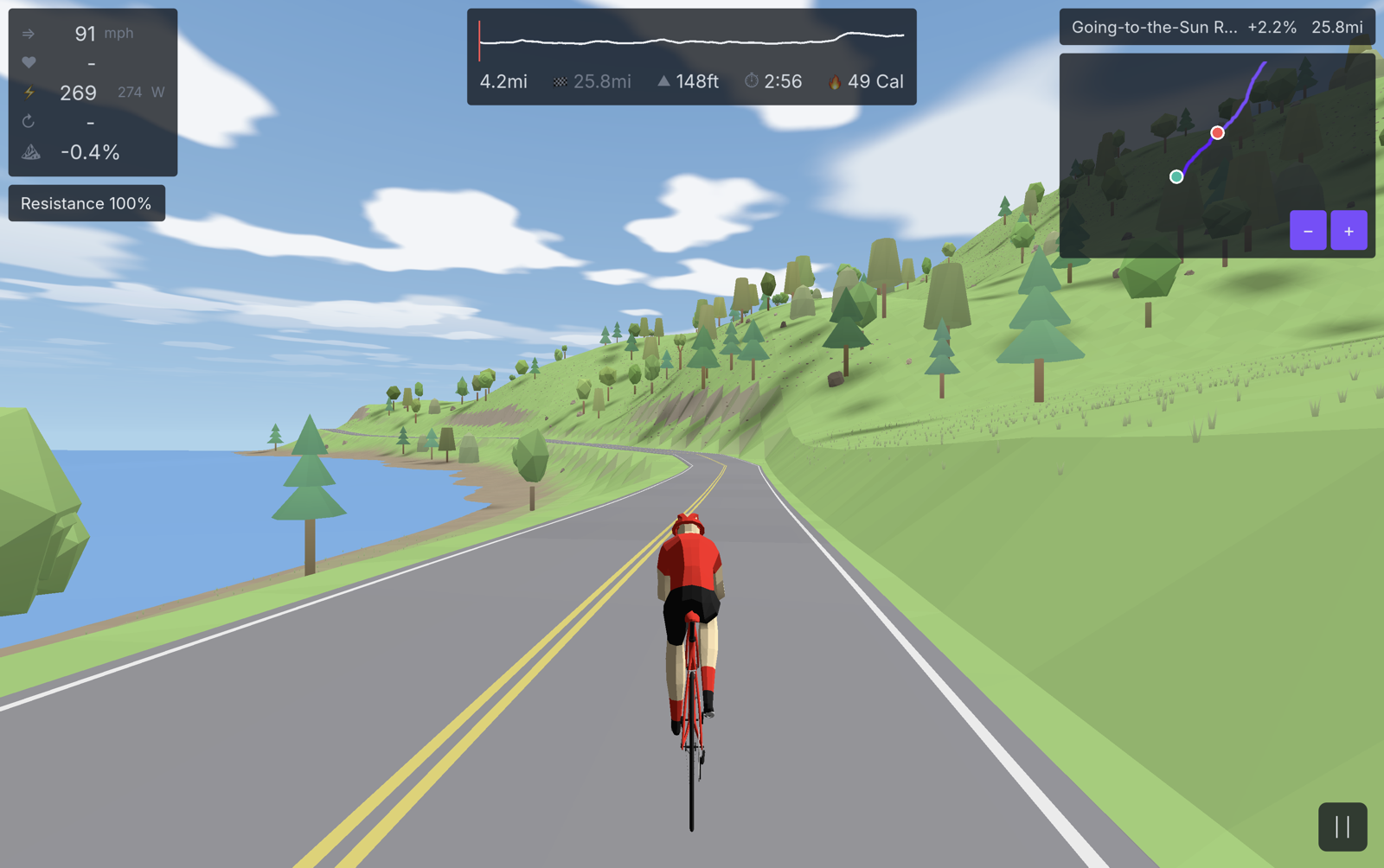 Descending a real road in Vive Velo — real-world terrain and elevation with live speed, heart rate, power, cadence and grade on the HUD.
